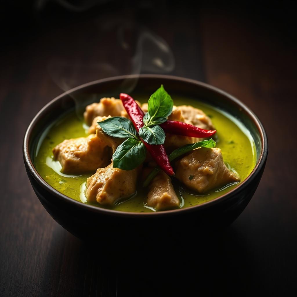Steaming bowl of green curry with Thai basil