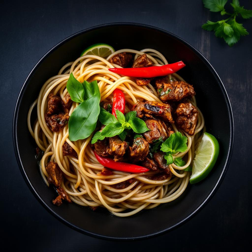 Drunken noodles in a black bowl