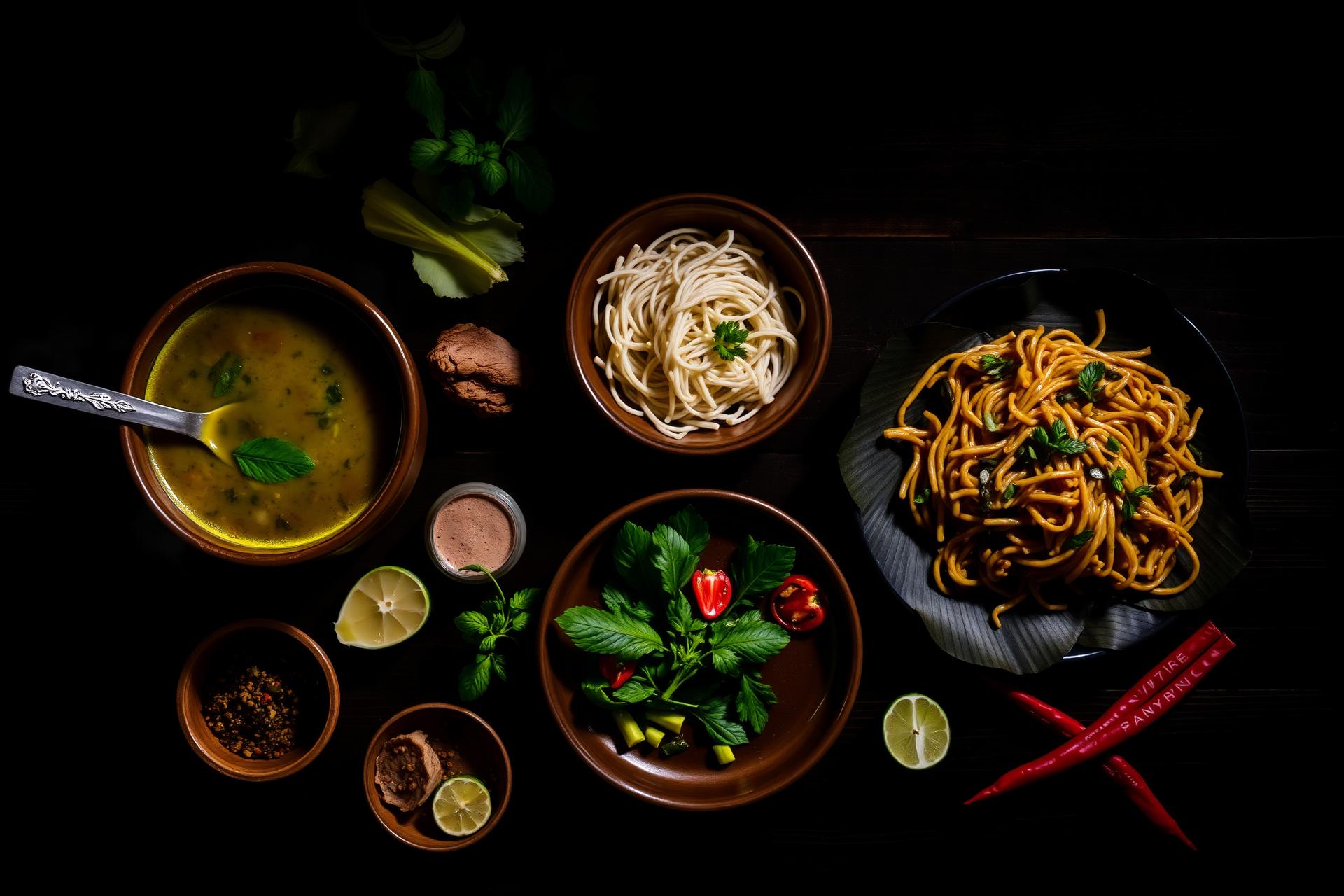Overhead spread of Thai dishes on a dark rustic table