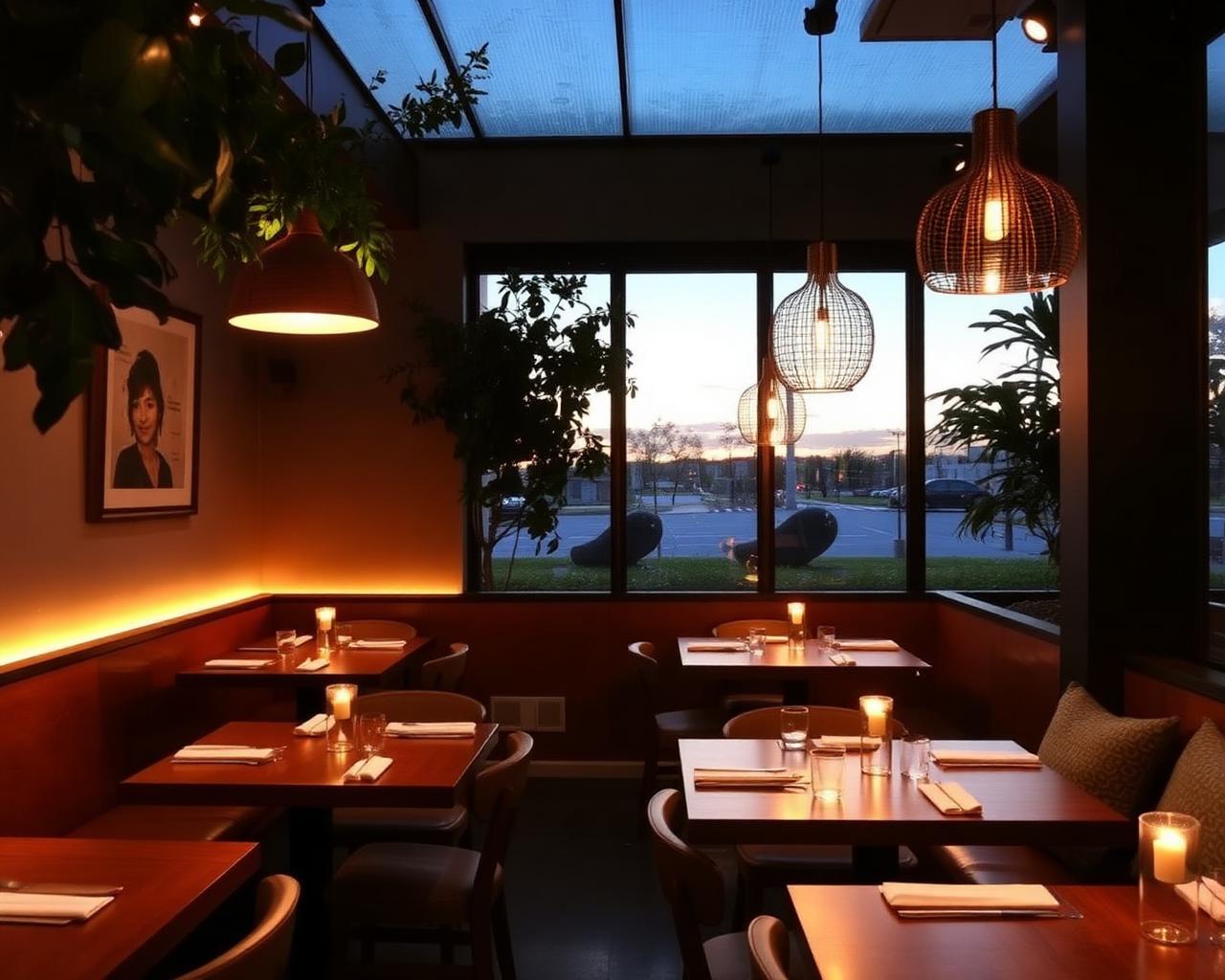 Warm dining room with pendant lighting at dusk