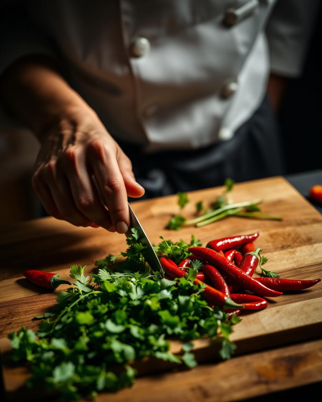 Chef preparing fresh chilies and cilantro