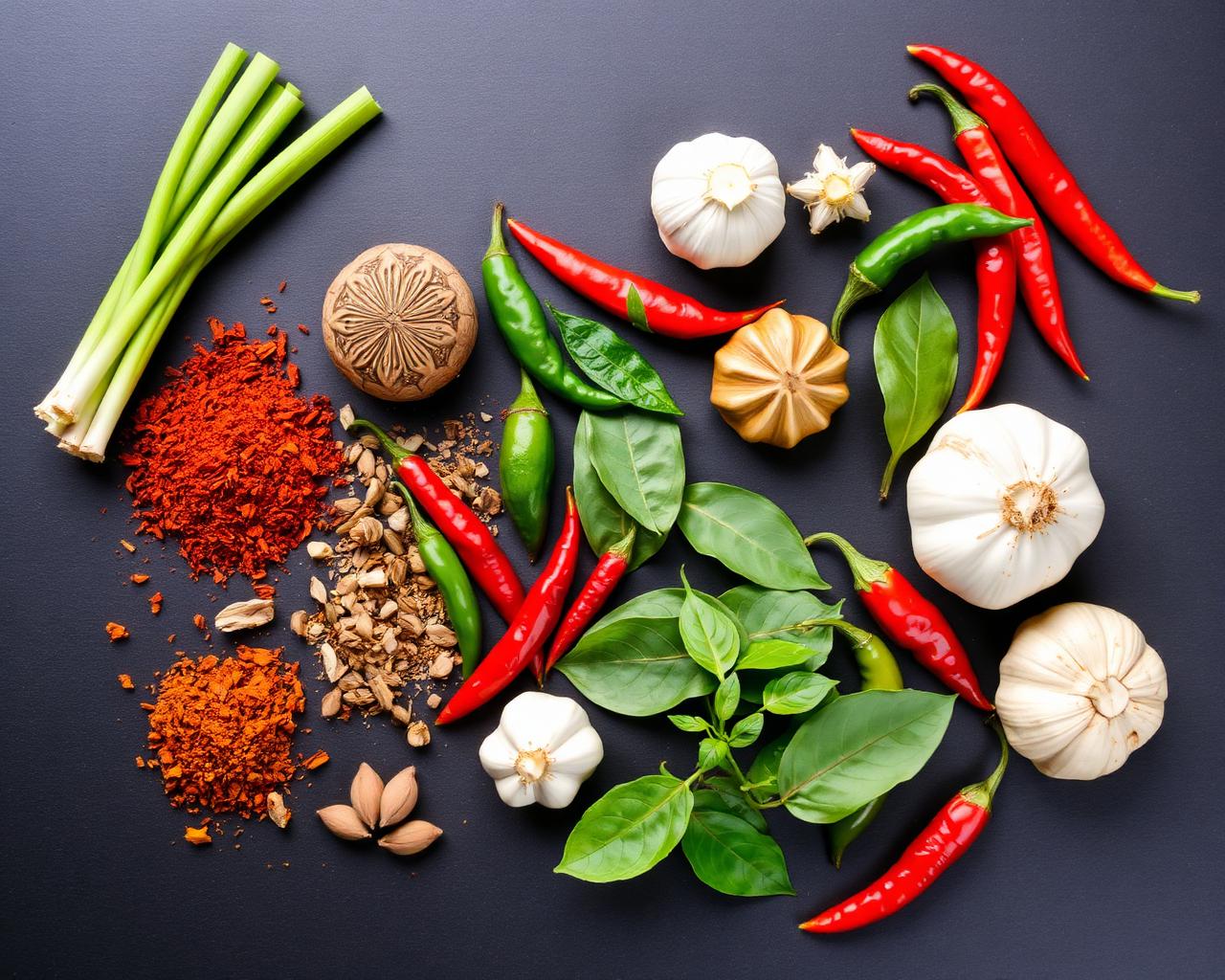 Fresh Thai herbs and spices flat lay
